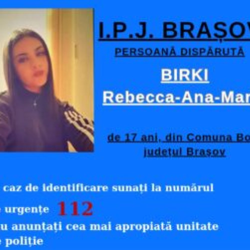 Căutată de Poliția Brașov: Tânăra din Bod, în vârstă de 17 ani, dată dispărută voluntar la domiciliul unui membru al familiei