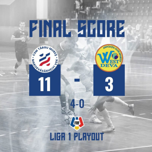 CSM Tg.Mureș și ACS West Deva s-au întâlnit în play-out-ul Ligii I de futsal. CSM a câștigat cu scorul de 11-3 (FOTO) în Sala Sporturilor „Simon László” din Tg.-Mureș. Liderul clasamentului este Sepsi SIC Sfântu Gheorghe, urmată de Mausoleul Mărășești, CSM Tg.Mureș, CS Luceafărul Buzău, ACS West Deva și Șoimii Șimand. Partidele decisive vor avea loc în ultima etapă. În va exista retrogradare pentru echipa cu cel mai slab punctaj. În ultima rundă, ACS West Deva va juca împotriva liderului Sep