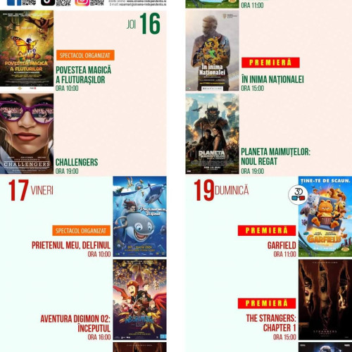 Oferta programelor de filme la Cinema Independența pentru săptămâna 13-19 mai 2024 a fost făcută publică! Urmează modificări! Vedeți site-ul și pagina de facebook a cinematografului! Bilete online: www.cinema-independenta.ro Sau printr-un apel la: 0374.871.823; WhatsApp: 0749.253.935; Program de lucru al caselor de bilete: Ma – D: 09.00 -19.00