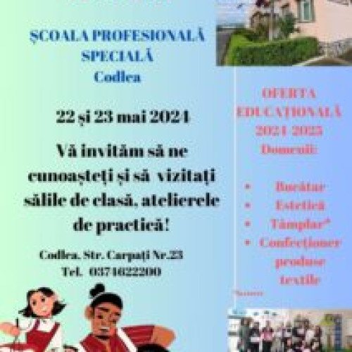 Să vizităm SPS Codlea! Îți deschidem ușile în 22 și 23 mai 2024 pentru a descoperi o școală modernă și echipată cu facilități pentru învățarea meseriilor din diverse domenii. Cunoaște oferta școlară pentru anul 2024-2025: califică-te în specializările de la Codlea, Str. Carpați Nr. 23!