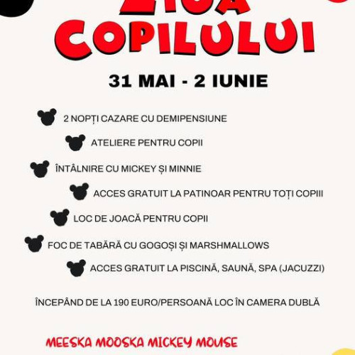 Hotelul Peștera pregătește pentru copii un weekend plin de distracție și surprize, alături de Mickey și Minnie Mouse, de Ziua Copilului