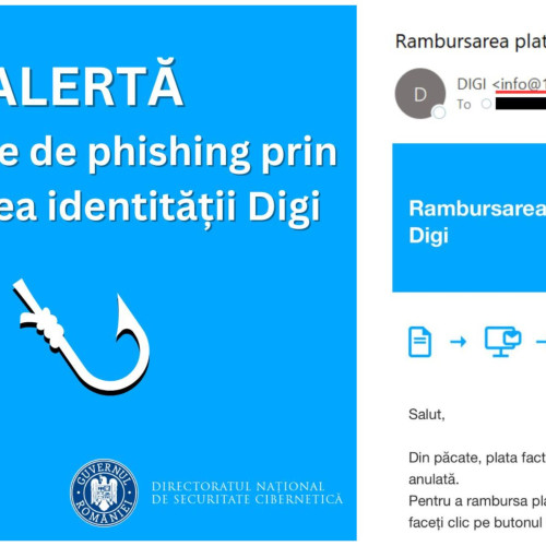 Alertă: Atacuri online în numele DIGI Romania pentru a frauda abonații. Avertisment transmis de Directoratul Național de Securitate Cibernetică cu privire la o nouă tentativă de phishing.