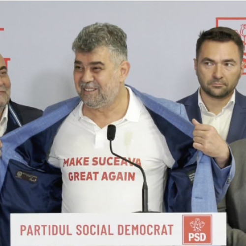 Marcel Ciolacu poartă tricou „Make Suceava Great Again” la conferința de presă