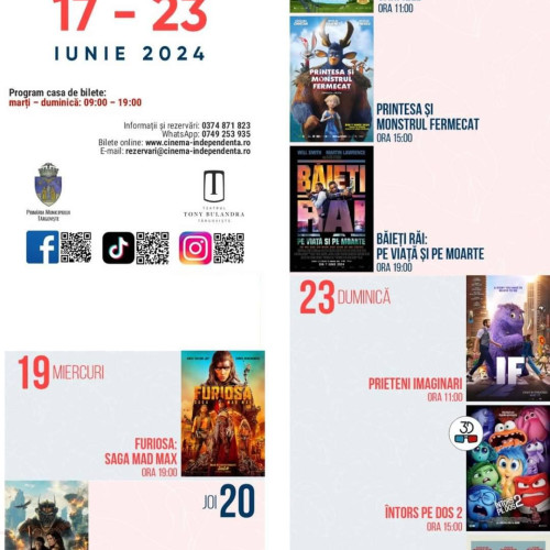 Oferta Proiectiilor de Filme la Cinema Independența pentru Săptămâna 17-23 Iunie 2024