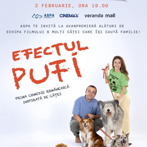 Cinci căței ASPA participă la avanpremiera filmului Efectul Pufi