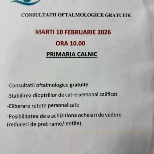 Consultații oftalmologice gratuite la Primăria Câlnic pe 10 februarie