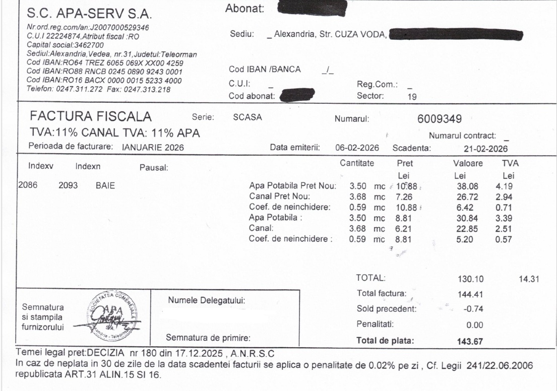 APASERV explică tarifele diferite din factura ianuarie 2026