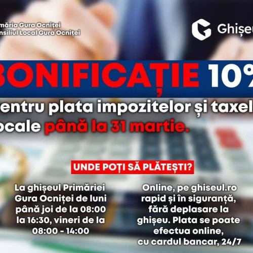 Bonificație de 10% pentru plata impozitelor la Gura Ocniței