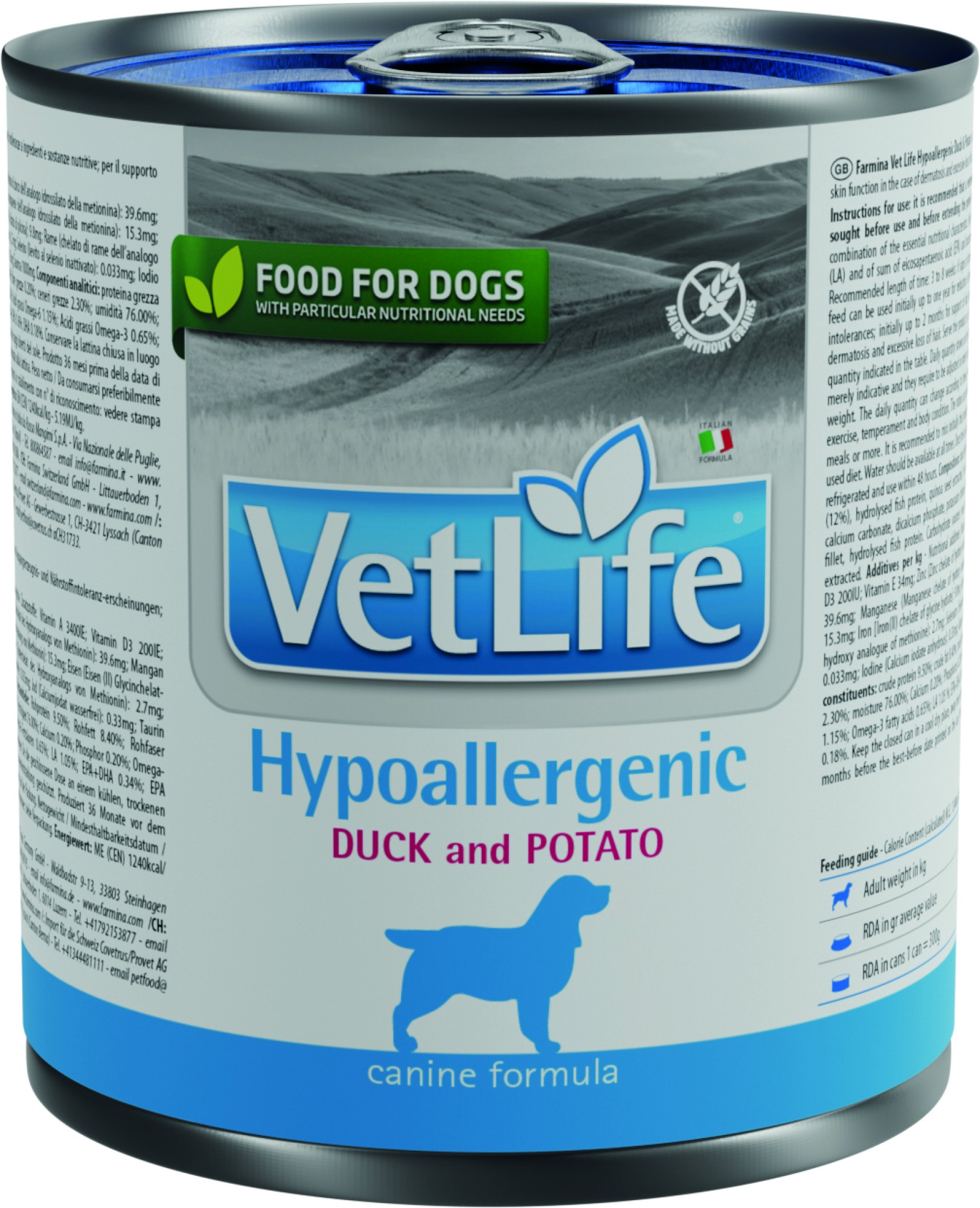 Vet Life nourriture humide pour chiens Hypoallergenic Canard avec pomme de terre 300 gr. - par 6 pièces