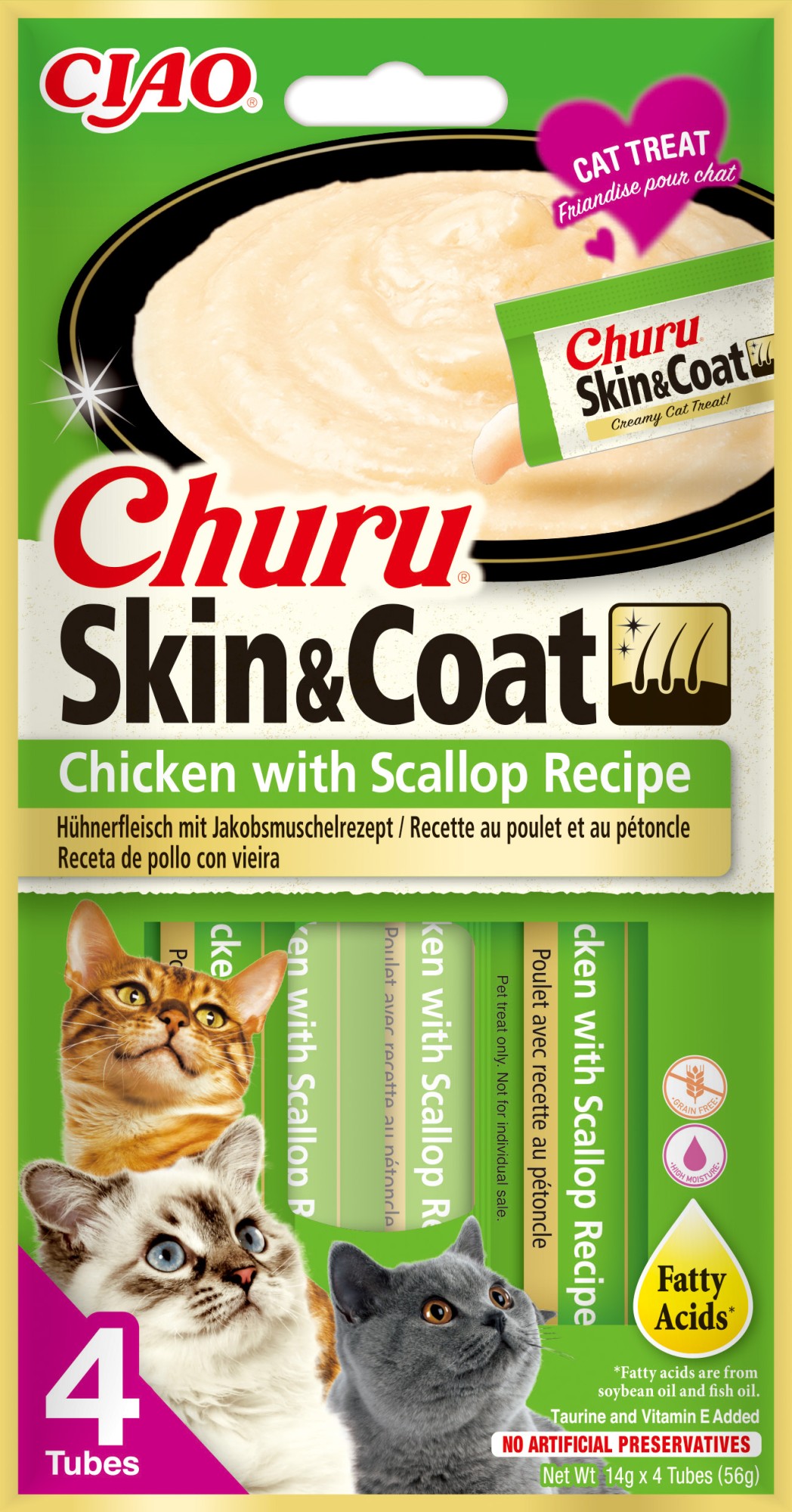 CIAO Churu pour chats Skin & Coat Purée de Poulet et Coquilles Saint-Jacques