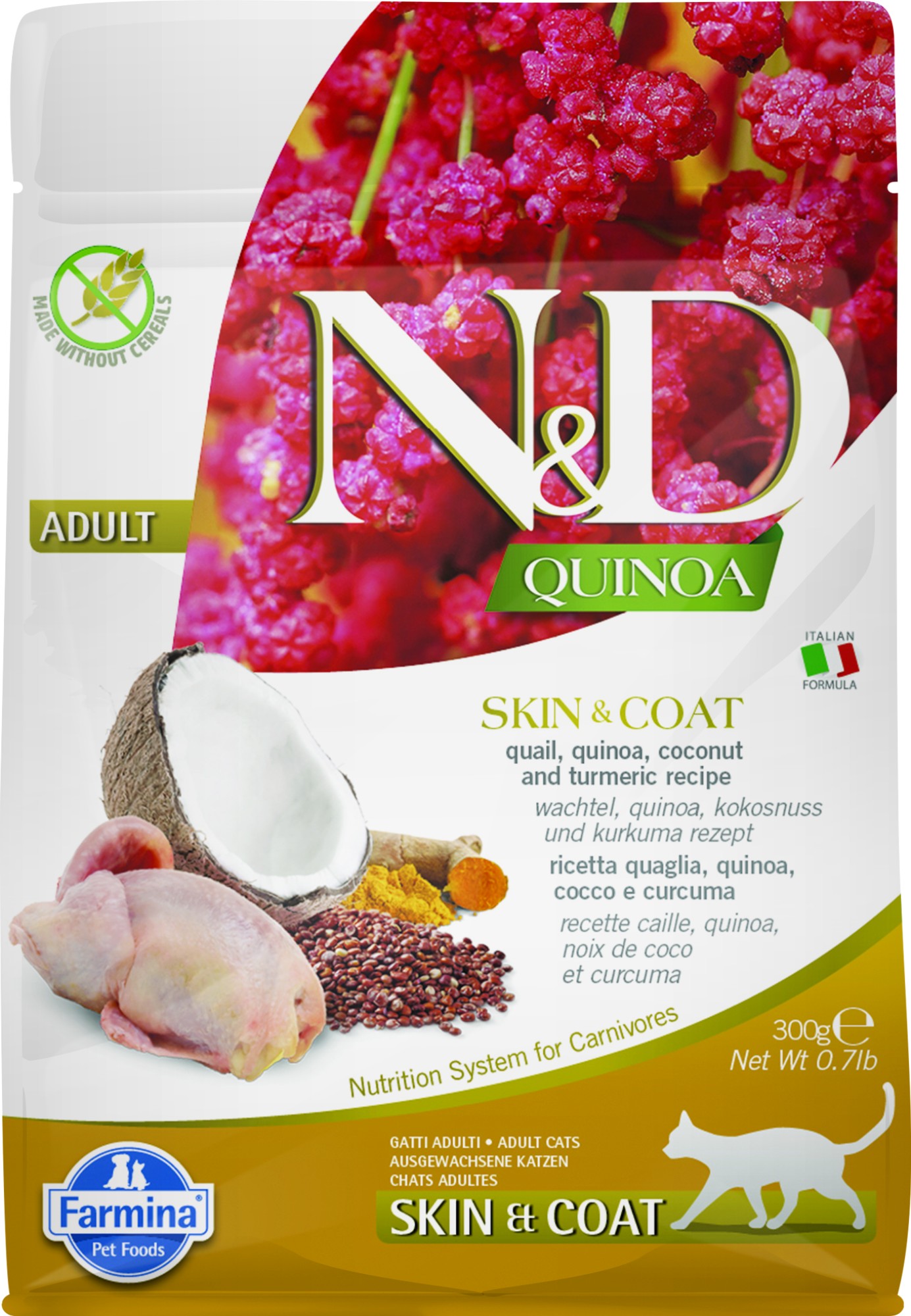 N&D Quinoa Skin & Coat nourriture pour chats Caille 300 gr.