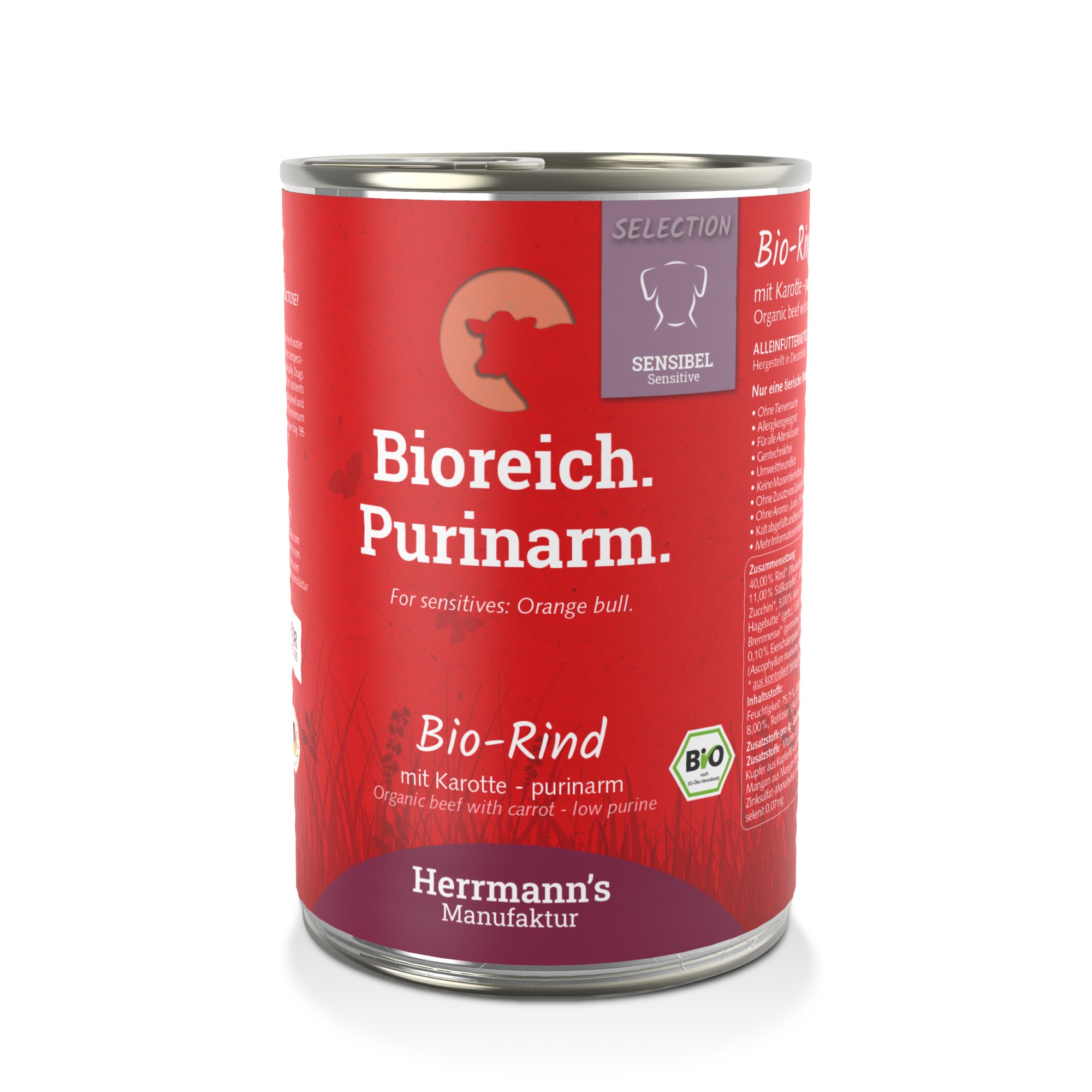 Herrmann's Selection Sensitive pour chiens Bio Boeuf avec carotte pauvre en purine 400 gr. - par 6 pièces