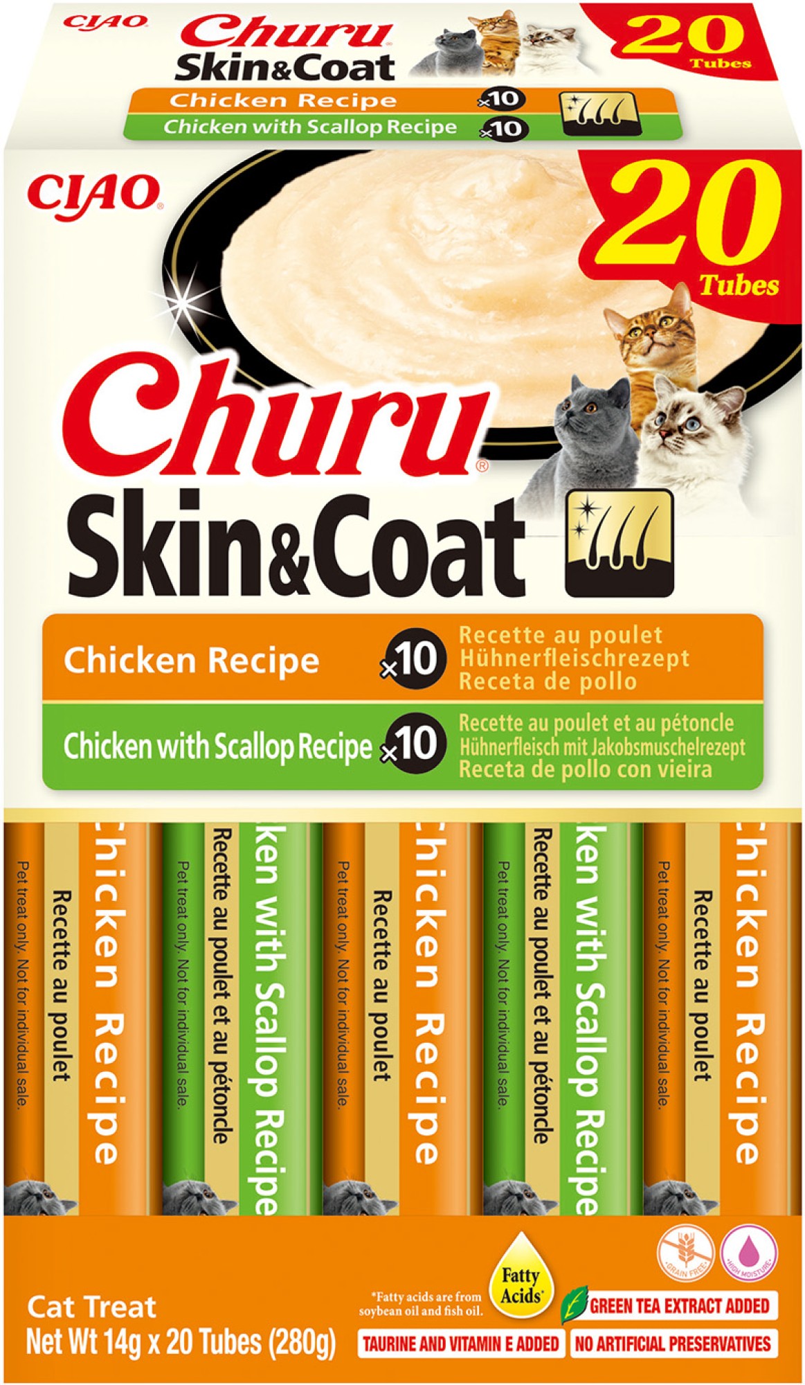 CIAO Churu Skin & Coat pour chats Purée Multipack de Poulet - 20 pièces