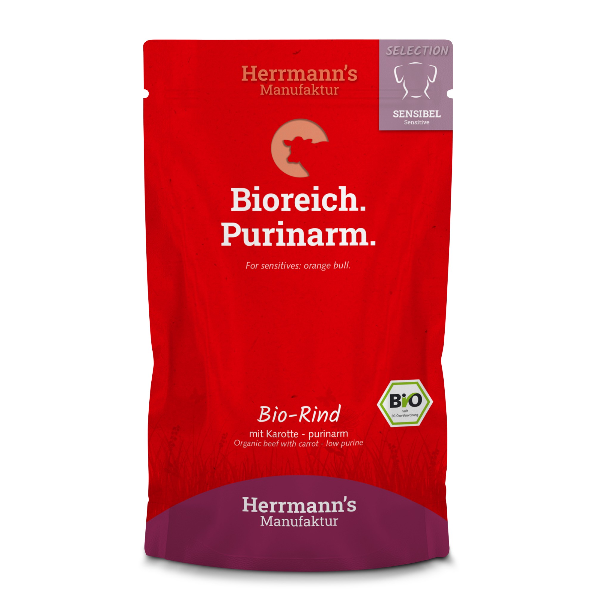 Herrmann's Selection Sensitive pour chiens Bio Boeuf avec carotte pauvre en purine 150 gr. - par 14 pièces