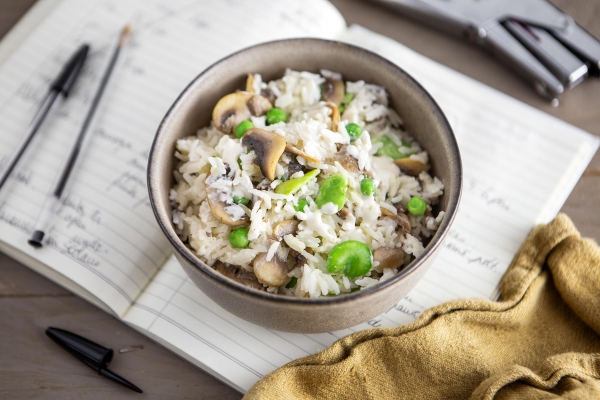 Risotto aux champignons, fèves et petits pois