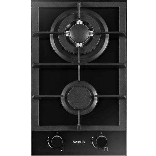 Plita pe gaz incorporabila Samus PSG-32SG2, 2 arzatoare, suport din sticla, gratar fonta, negru