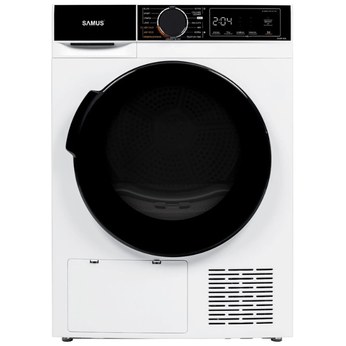 Uscator rufe automat, Samus SADP-835, pompa de caldura, 8 kg, clasa D, alb