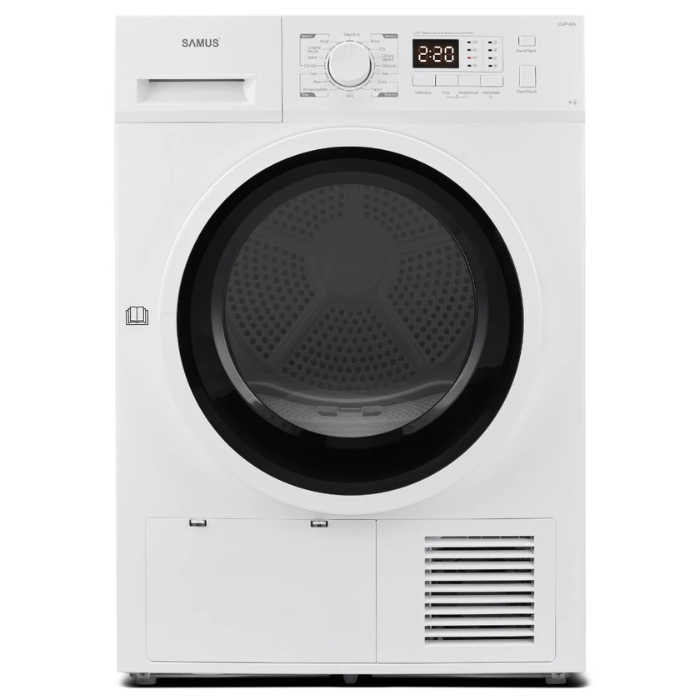 Uscator rufe automat, Samus SGDP-824, pompa de caldura, 8 kg, clasa E, alb