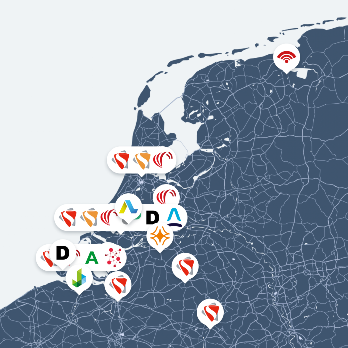 Kaart van The Safety Network met locaties en partners voor veiligheid in de petrochemie.