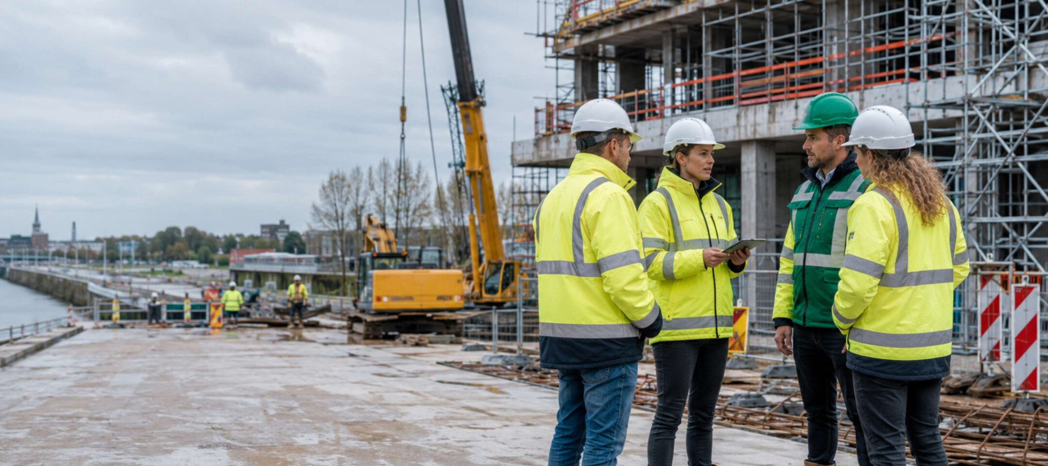 Bouwmedewerkers op een bouwplaats waar BHV, EHBO en ontruiming praktisch georganiseerd worden.