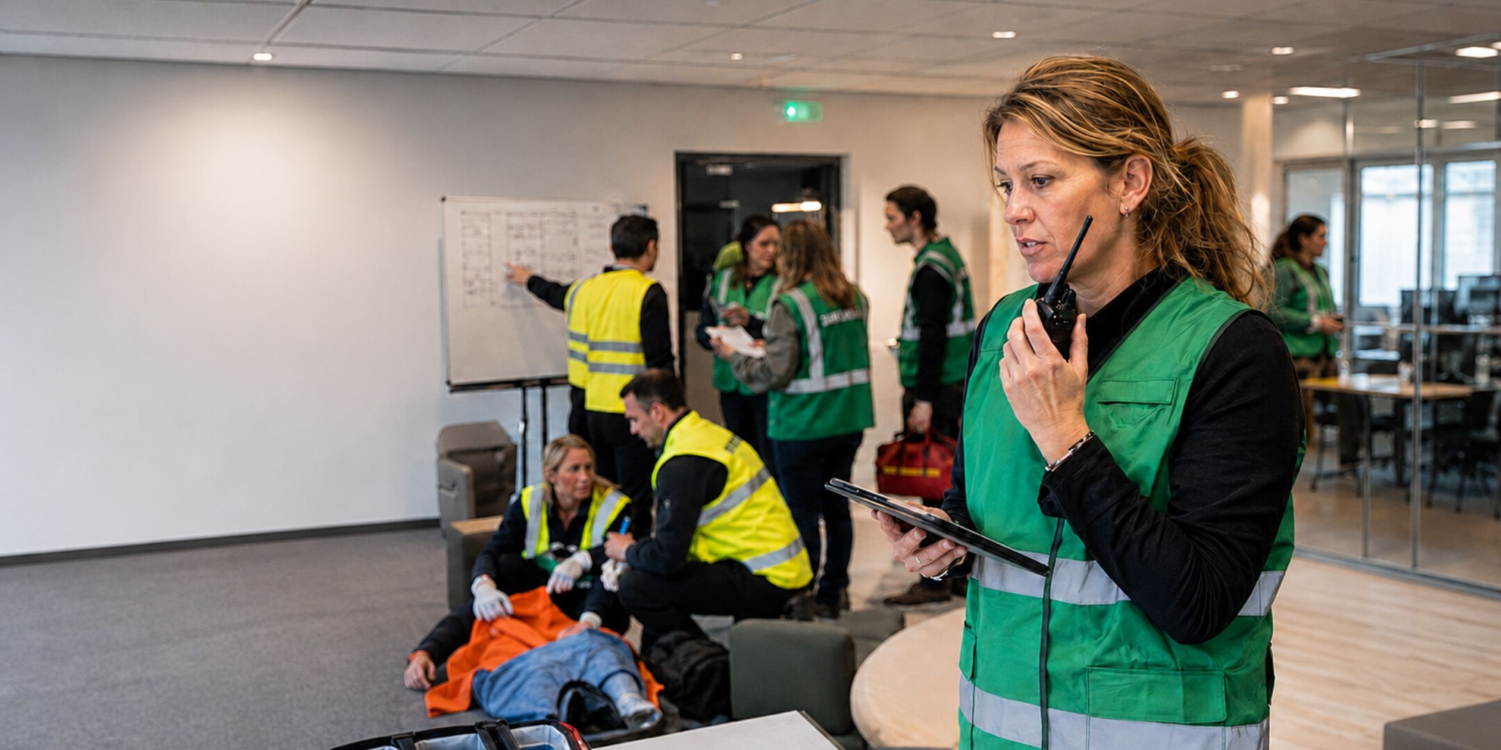 Coördinator of Hoofd BHV oefent operationele regie, communicatie en inzetcoördinatie tijdens een scenario.