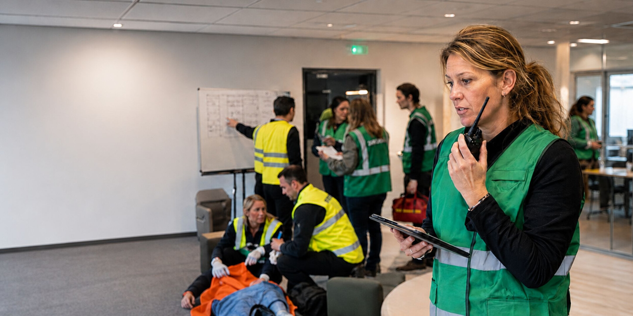 Coördinator of Hoofd BHV oefent operationele regie en communicatie tijdens een praktijkgerichte herhalingstraining.