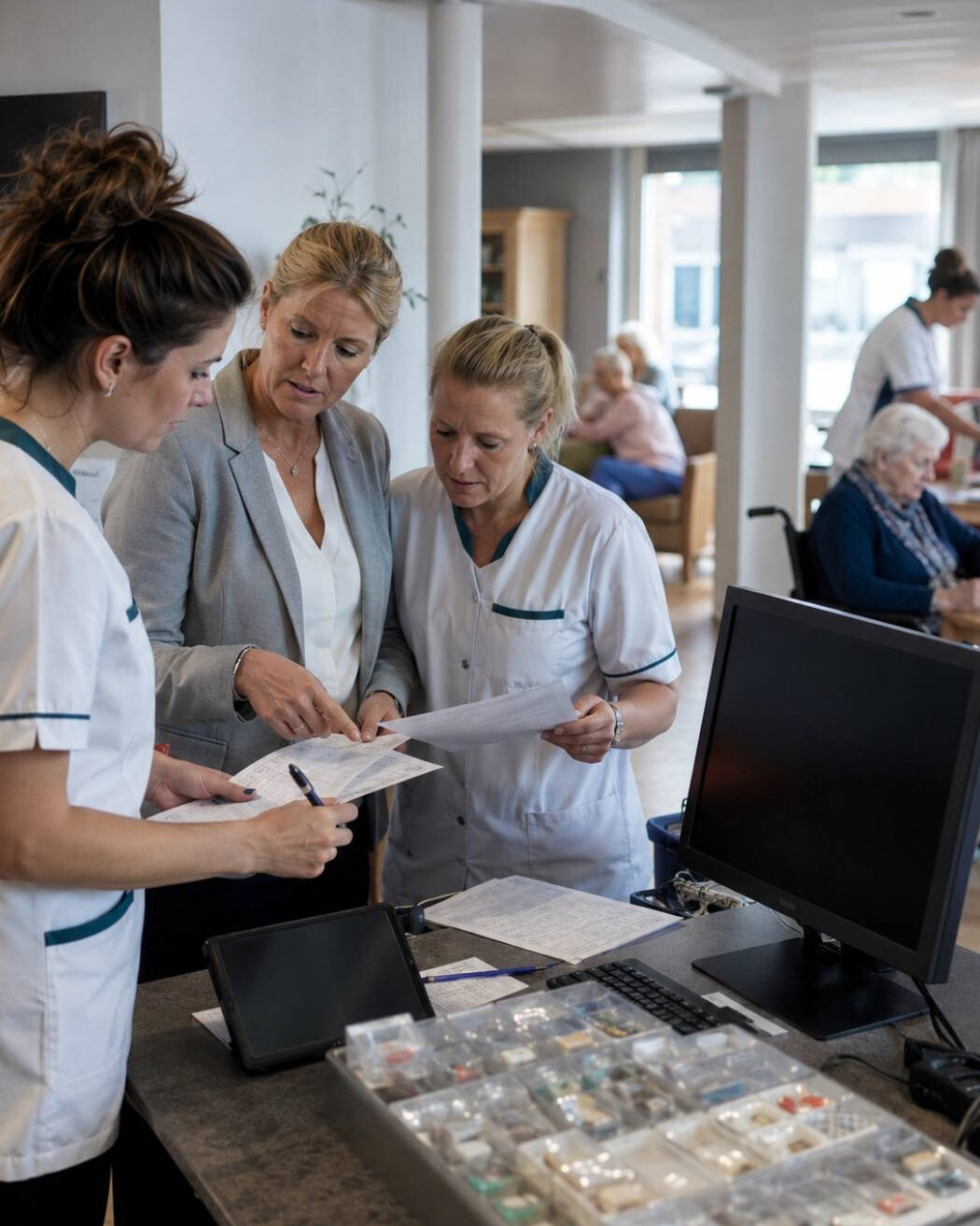 Managementteam in overleg over rollen, verantwoordelijkheden en crisisaanpak binnen een zorgorganisatie