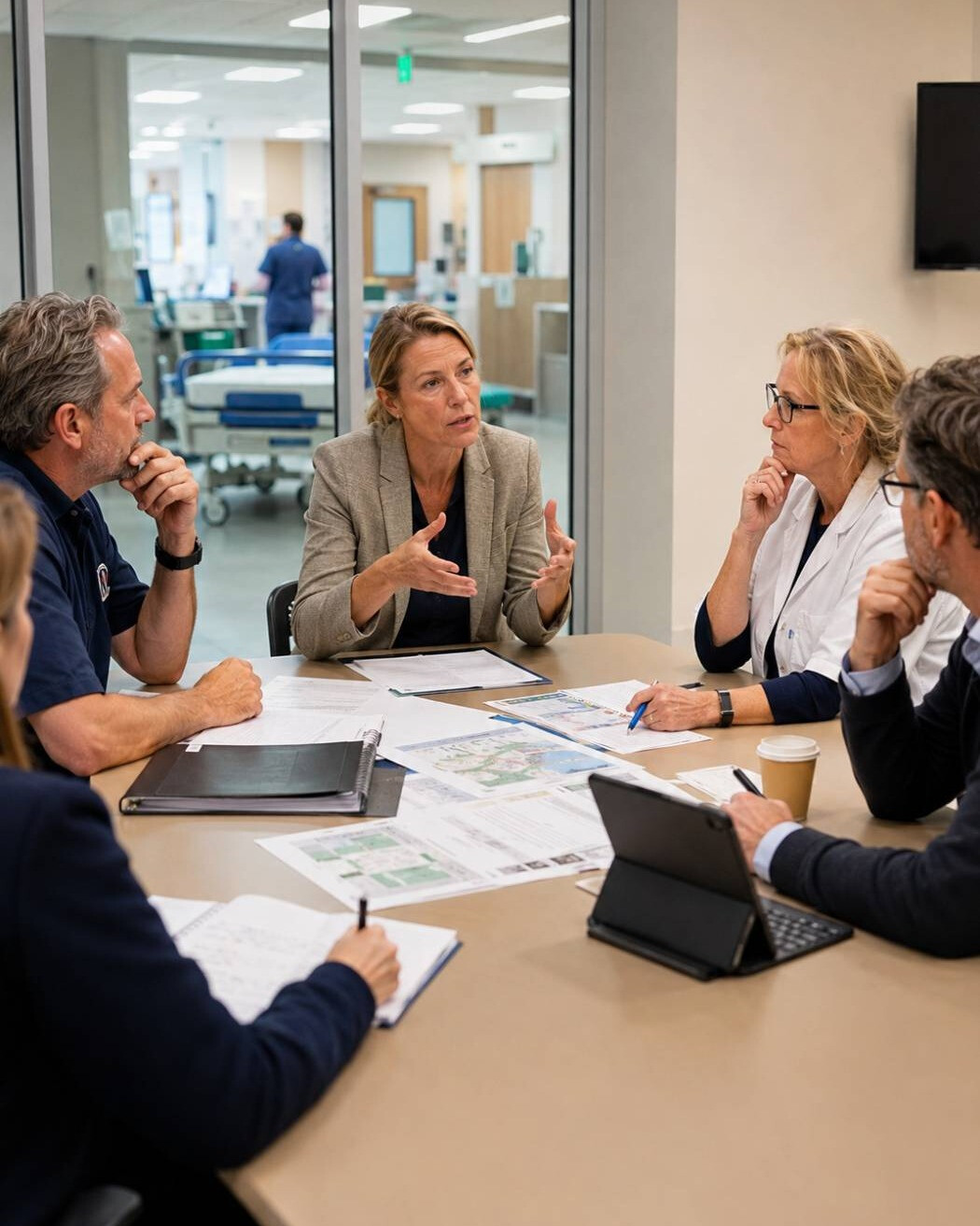 Managementteam in training tijdens overleg en crisiscommunicatie-oefening