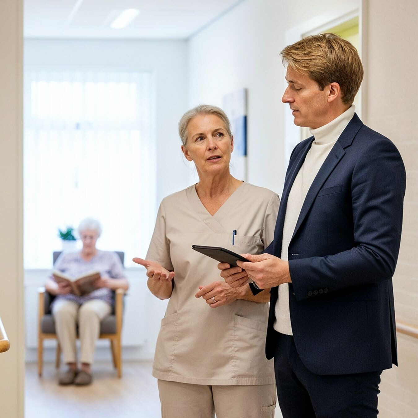 Specialist bespreekt digitale ondersteuning voor veiligheid met een zorgmedewerker in de praktijk.