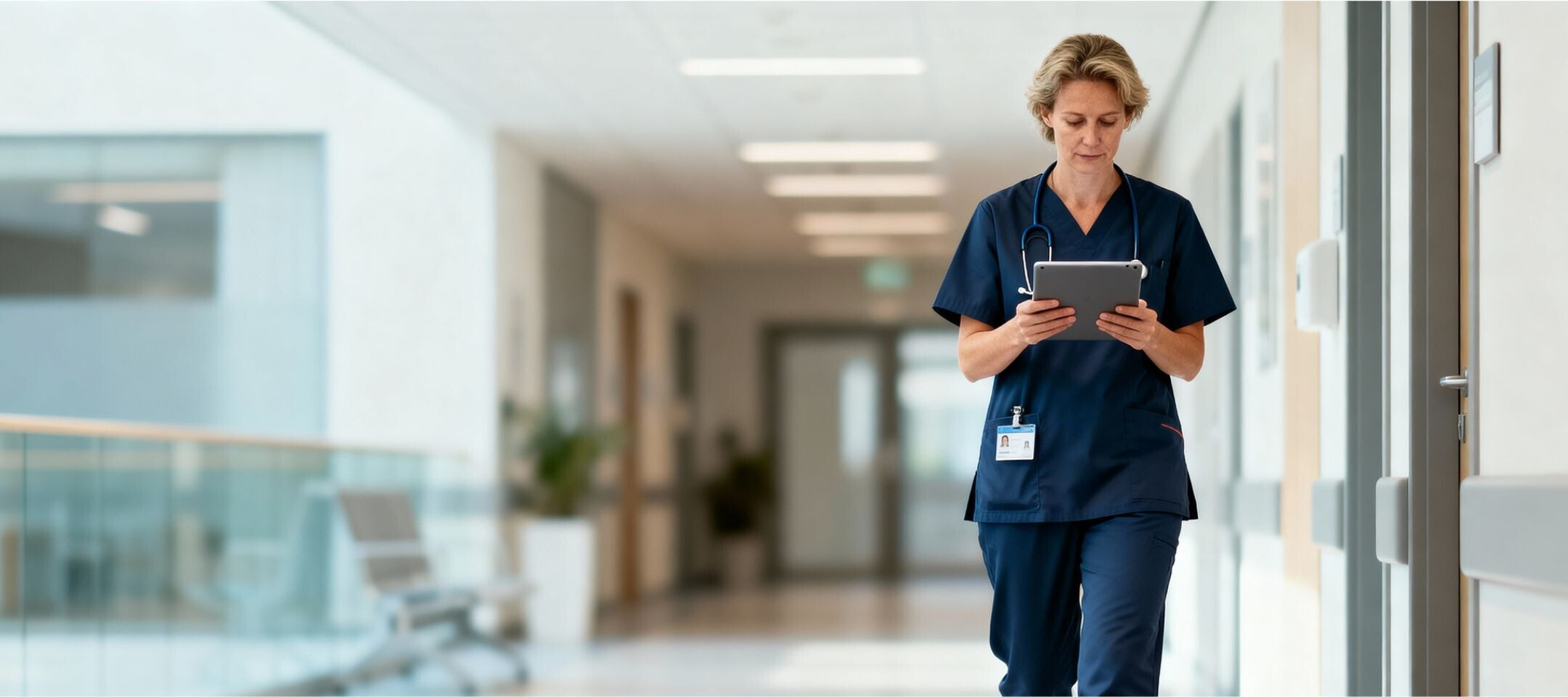Zorgmedewerker gebruikt een tablet voor de e-learning Ontruimer in de Zorg.