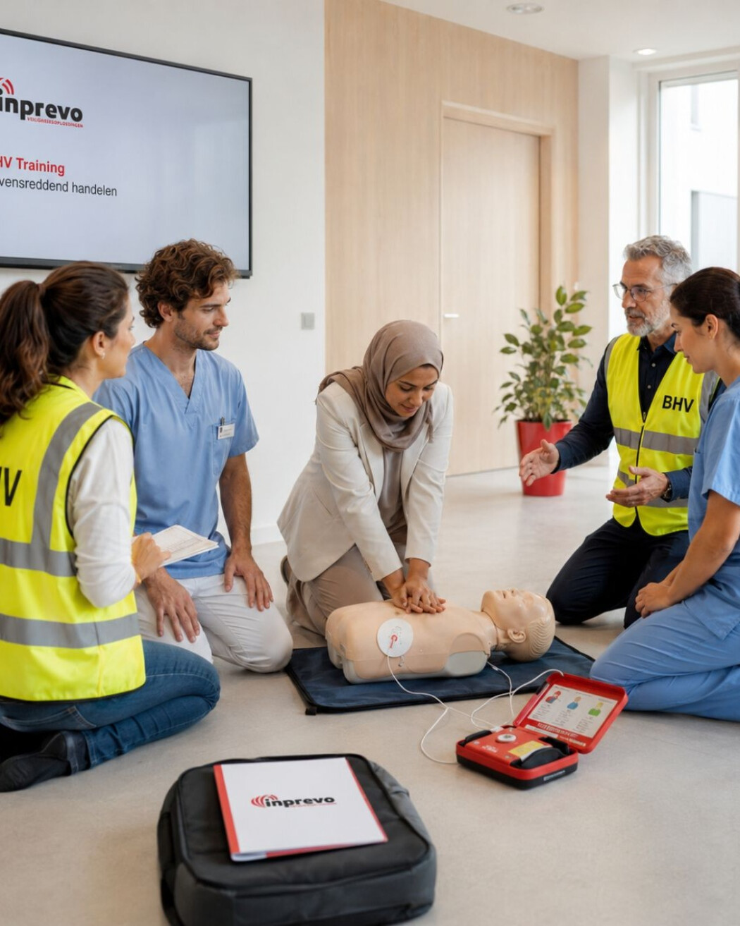 Zorgmedewerkers volgen een praktijkgerichte BHV zorg training met herkenbare situaties voor zorginstellingen.
