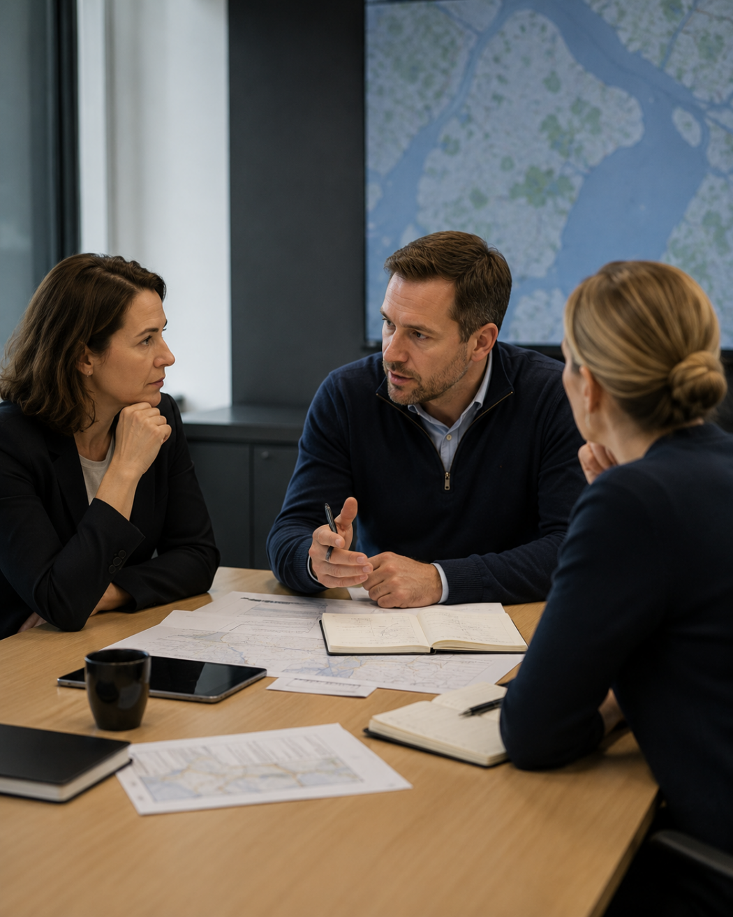 Crisisteam in overleg waarbij een voorzitter structuur aanbrengt tijdens een serieuze vergadering.