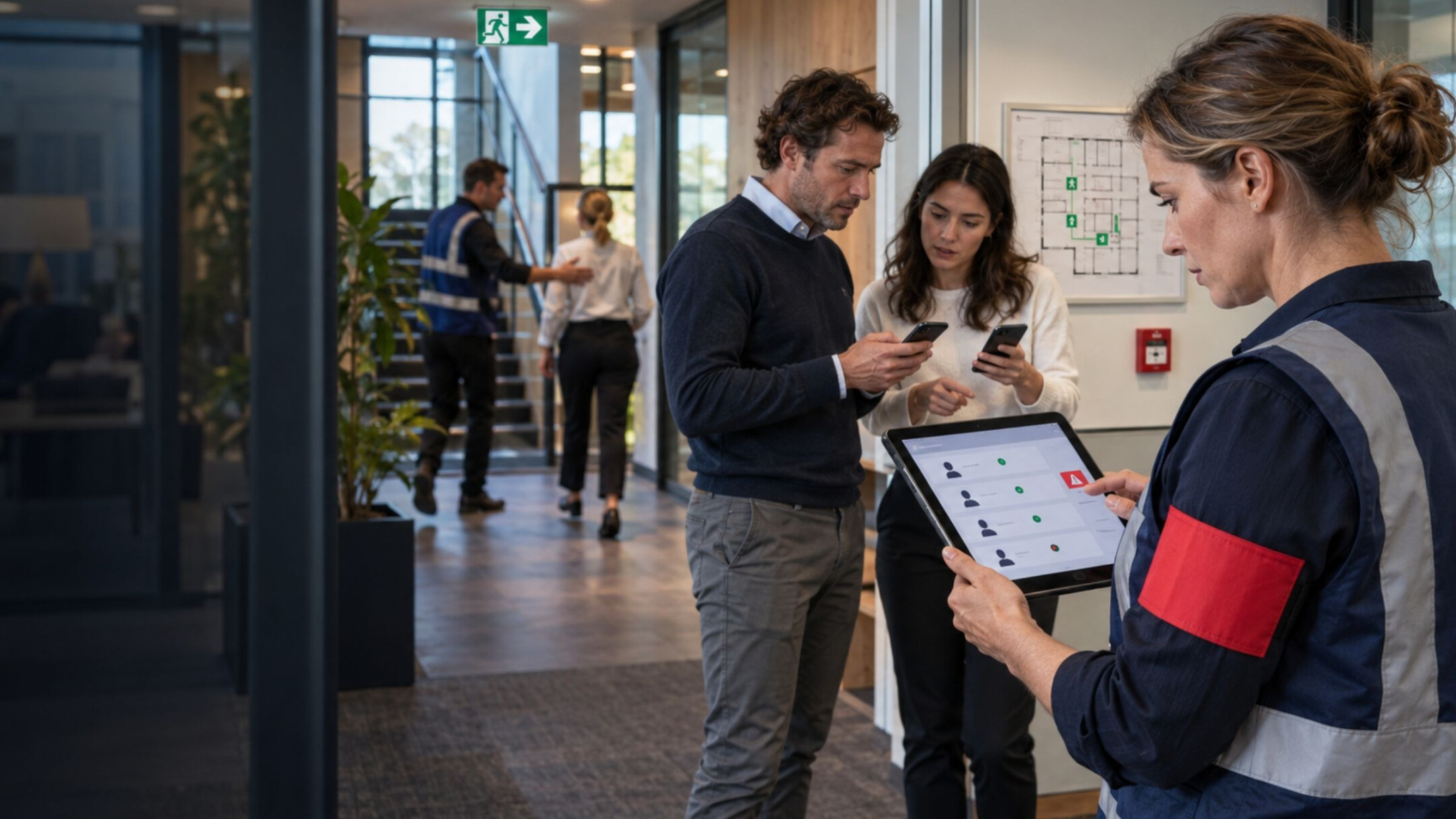 BHV-coördinator gebruikt digitale ondersteuning om beschikbare BHV’ers tijdens een oefening te alarmeren.