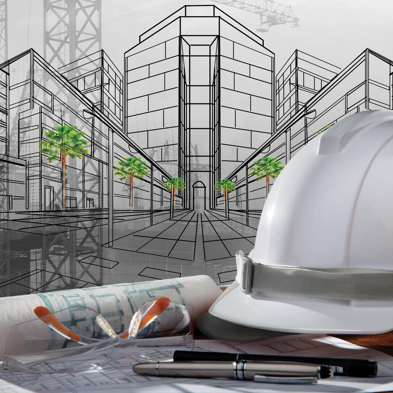 Bouwtekeningen en veiligheidshelm als illustratie van brandveiligheid in de ontwerpfase