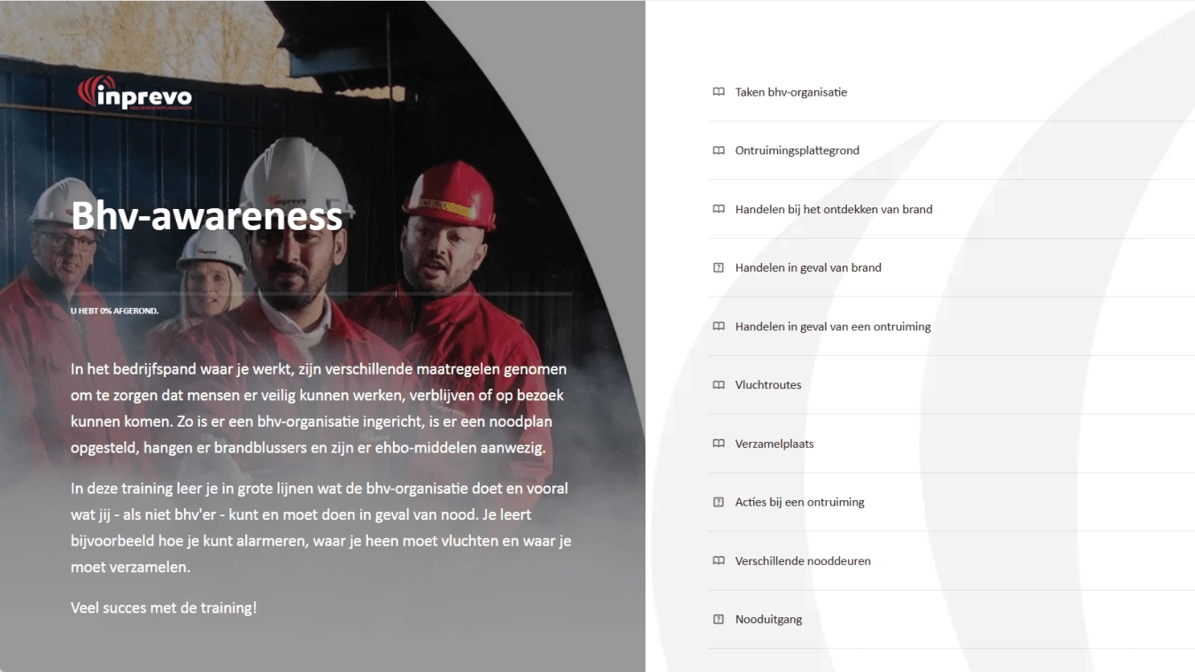 Voorbeeld van de BHV Awareness e-learning van Inprevo