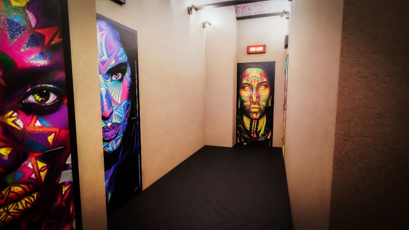 trompe l'oeil dans le couloir menant au studio d'enregistrement