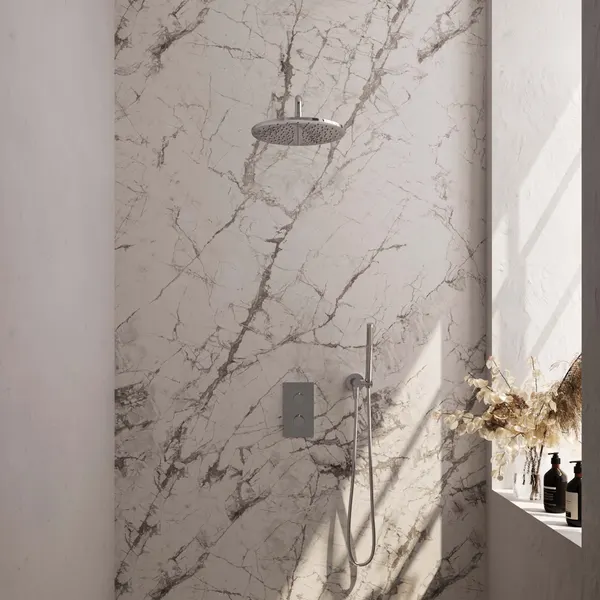 BRAUER Edition thermostatische inbouw regendouche 3-weg rechthoekig SET 28 met 30 cm douchekop en gebogen muurarm en staaf handdouche en doucheslang en wandaansluitbocht
