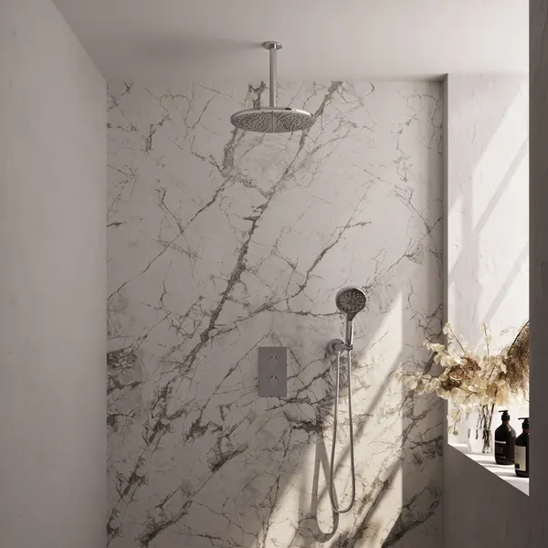 BRAUER Edition thermostatische inbouw regendouche 3-weg rechthoekig SET 36 met 30 cm douchekop en plafondarm en 3-standen handdouche en doucheslang en wandaansluitbocht