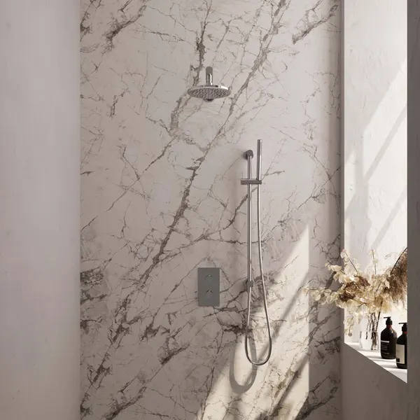BRAUER Edition thermostatische inbouw regendouche 3-weg rechthoekig SET 37 met 20 cm douchekop en rechte muurarm en staaf handdouche en doucheslang en geïntegreerde glijstang