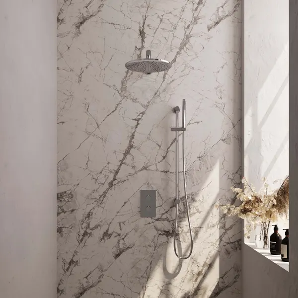 BRAUER Edition thermostatische inbouw regendouche 3-weg rechthoekig SET 38 met 30 cm douchekop en rechte muurarm en staaf handdouche en doucheslang en geïntegreerde glijstang