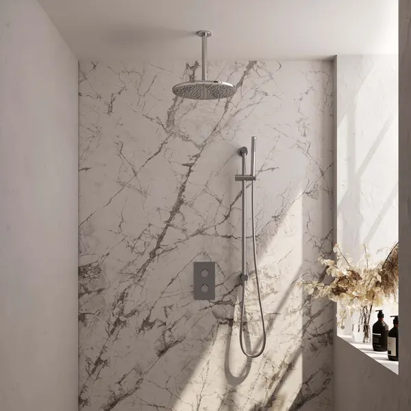 BRAUER Edition thermostatische inbouw regendouche 3-weg rechthoekig SET 42 met 30 cm douchekop en plafondarm en staaf handdouche en doucheslang en geïntegreerde glijstang