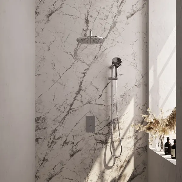 BRAUER Edition thermostatische inbouw regendouche 3-weg rechthoekig SET 46 met 30 cm douchekop en gebogen muurarm en 3-standen handdouche en doucheslang en geïntegreerde glijstang