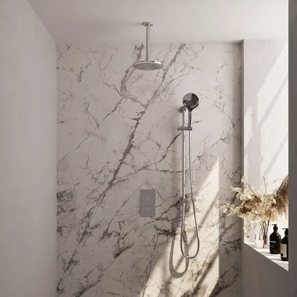 BRAUER Edition thermostatische inbouw regendouche 3-weg rechthoekig SET 47 met 20 cm douchekop en plafondarm en 3-standen handdouche en doucheslang en geïntegreerde glijstang