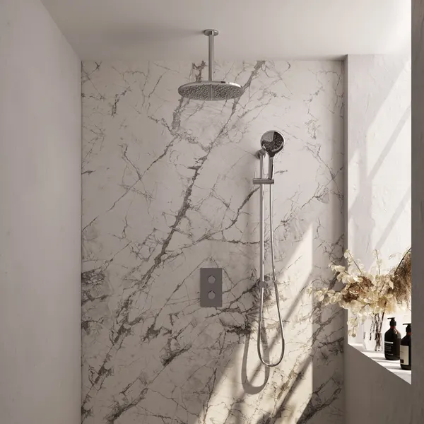 BRAUER Edition thermostatische inbouw regendouche 3-weg rechthoekig SET 48 met 30 cm douchekop en plafondarm en 3-standen handdouche en doucheslang en geïntegreerde glijstang