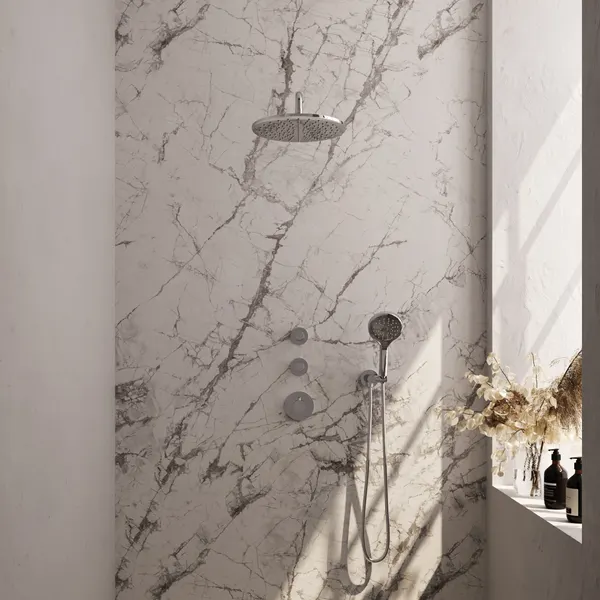 BRAUER Carving thermostatische inbouw regendouche SET 10 met 30 cm douchekop en gebogen muurarm en 3-standen handdouche en doucheslang en wandaansluitbocht