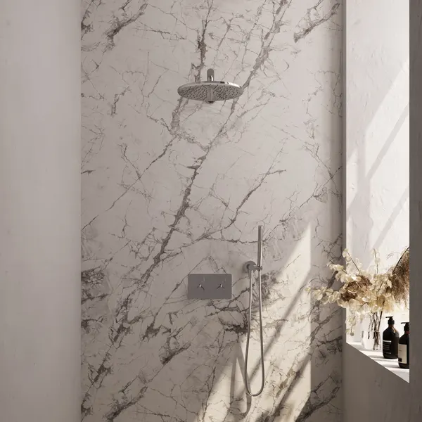 BRAUER Edition thermostatische inbouw regendouche met drukknoppen SET 50 met 30 cm douchekop en rechte muurarm en staaf handdouche en doucheslang en wandaansluitbocht