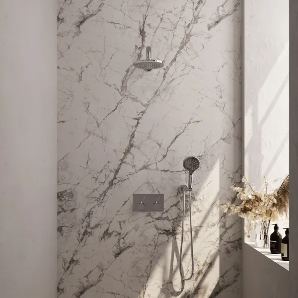 BRAUER Edition thermostatische inbouw regendouche met drukknoppen SET 55 met 20 cm douchekop en rechte muurarm en 3-standen handdouche en doucheslang en wandaansluitbocht