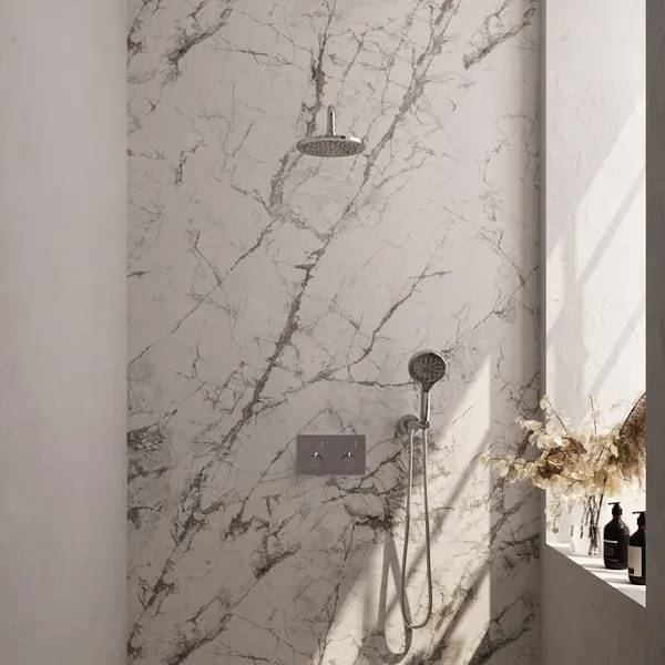 BRAUER Edition thermostatische inbouw regendouche met drukknoppen SET 57 met 20 cm douchekop en gebogen muurarm en 3-standen handdouche en doucheslang en wandaansluitbocht