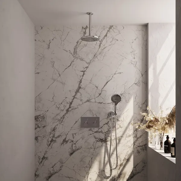 BRAUER Edition thermostatische inbouw regendouche met drukknoppen SET 59 met 20 cm douchekop en plafondarm en 3-standen handdouche en doucheslang en wandaansluitbocht