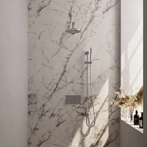 BRAUER Edition thermostatische inbouw regendouche met drukknoppen SET 61 met 20 cm douchekop en rechte muurarm en staaf handdouche en doucheslang en geïntegreerde glijstang